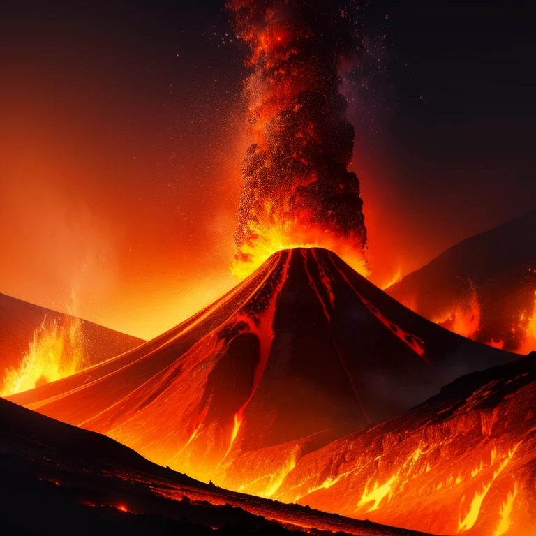 Volcanic eruption, ash cloud, molten lava, fire and brimstone, explosive, smoke billowing, fiery orange and red hues, dynamic, high contrast, detailed ash particles flying, dramatic perspective, intensity, intricate crater formation, lava flow, steam, sunset hues, sharp focus, ultra high resolution, HDR, cinematic, masterpiece, epic, nature's fury, explosive energy, vivid colors, mysterious, raw power.
(Volcano, ash cloud, fiery eruption, intense lava flow, sunset colors, dramatic angles, ultra high definition, finest details, HDR effects, cinematic quality, complete