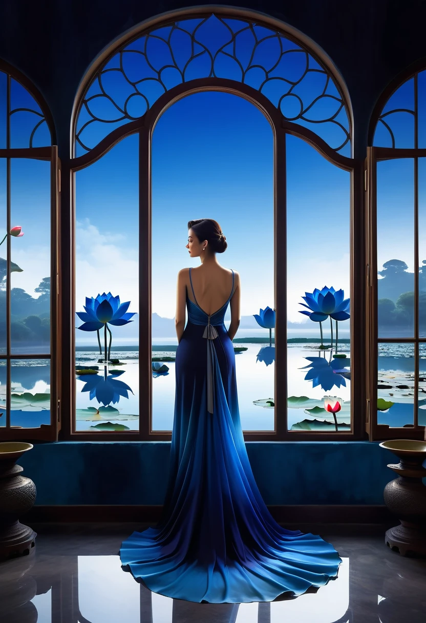 beautiful dark room，There is a big window,  The scenery outside the window，(Looking out from the window:1.5)，Roman style windows，An elegant woman wearing a blue gradient dress standing by the window.  A large lotus pond outside the window, creating a surreal ambiance.  Inspired by concept artist Mobius, The color has a strong contrast between light gray and dark navy blue, Create a sense of mystery.