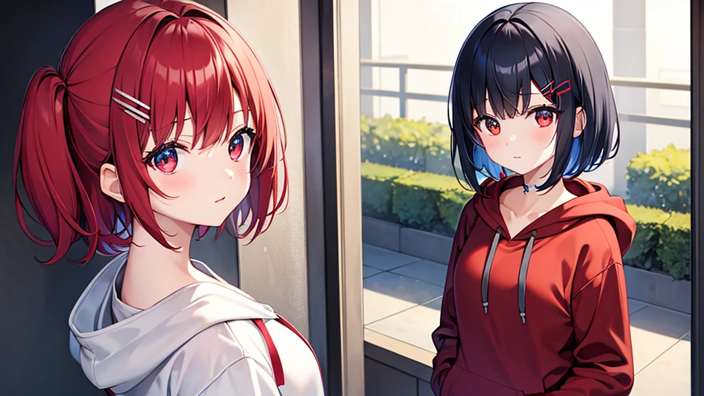 masterpiece、Highest image quality、ultra high resolution、Medium-sized elementary school girl、red and large eyes,、black short hair、The inside of the hair has blue coloring.、(Two red hairpins)、red face、shyly、excited、Long Grey Hoodie