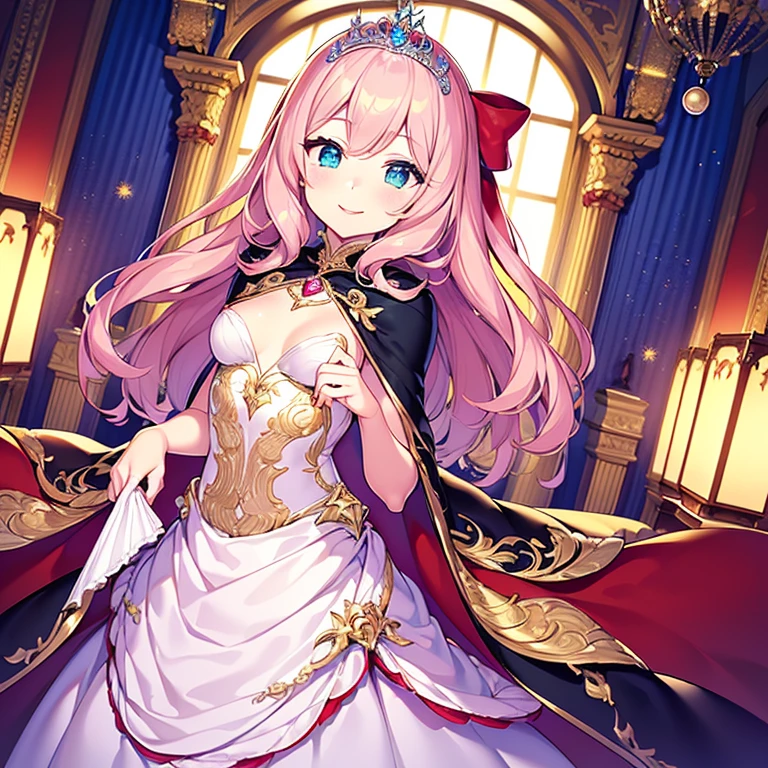 (kawaii),(best quality),(ultra detailed),(rococo style),(long train pastel pink cape:1.15), very long cape,(long train white ball gown with flower decorations:1.1), a girl is wearing a cape over her gown,(she has a western style fan:1.05), 1 little princess, tiara, smile, very long hair, small breasts, beautiful detailed eyes, beautiful detailed lips