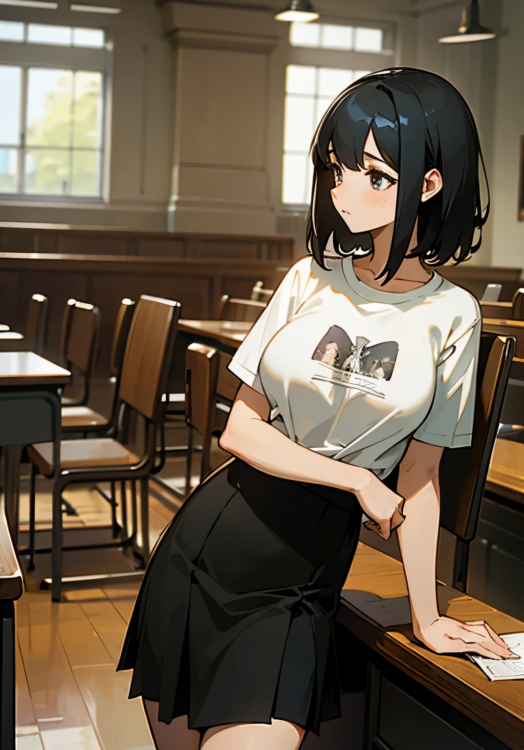 {best quality},lecture room、black hair short、woman、Large beautiful breasts、oversized t-shirt、skirt、sit in a chair 、Leaning your elbows on the desk、Pensive、looking away from the camera、Side view、cowboy shot