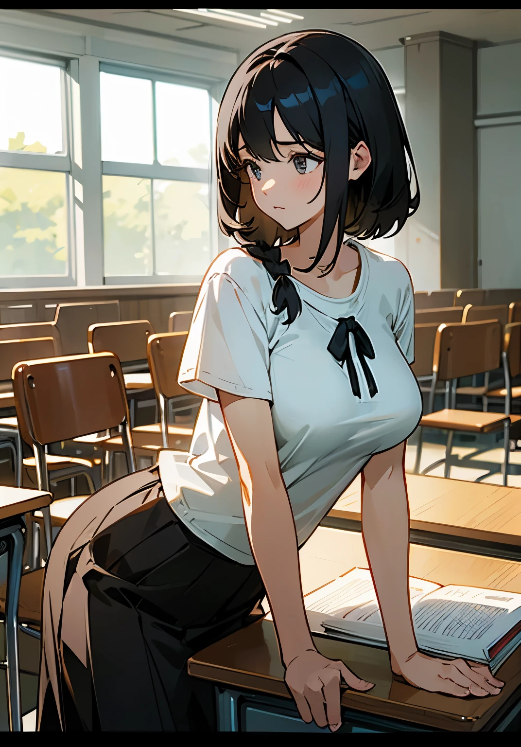 {best quality},lecture room、black hair short、woman、Large beautiful breasts、oversized t-shirt、skirt、sit in a chair 、Leaning your elbows on the desk、Pensive、looking away from the camera、Side view、cowboy shot