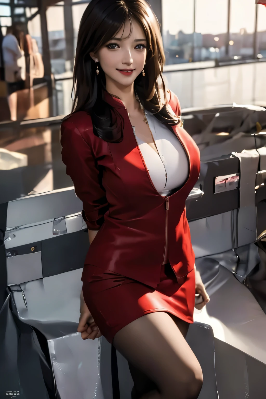 (masterpiece:1.2, highest quality:1.2), 32K HDR, High resolution, (alone, 1 girl), （Ultra-realistic portrait of an AirAsia stewardess in uniform）, neat woman, beautiful face, dark brown hair, (long hair down to waist), (red jacket:1.1, Unzipped jacket, unbuttoned white shirt:1.05, red mini skirt:1.1, pantyhose), perfect slim body:1.1, huge breasts, huge breastsの谷間, detailed skin texture, fine eyes, (smile:1.2), necklace、earrings、(In the airport lounge, bright lighting),blue eyes、long shot