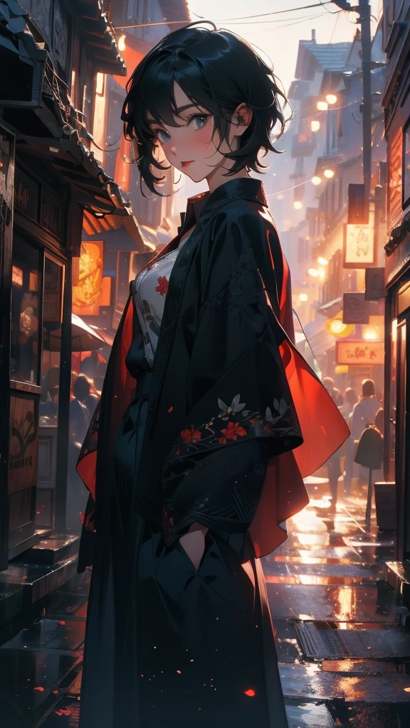 (Highly detailed CG unit 8k wallpaper, masterpiece, High resolution, highest quality, natural skin texture), Composition from head to stomach:1.5, (20 year old woman, Hands in pockets pose:1.3, smile, detailed eyes, gradient eyes), (Stalgic Fashion, detailed costume, fine embroidery, Button Front Shirt, Asymmetrical short hair:1.2), (Backstreets of Paris:1.3, Colourful flower beds along the road, cinematic lighting), high contrast, hyper realistic, digital painting, concept art,