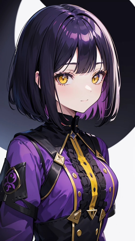 Witch's outfit, Anime-style portrait of a -agerl with a deep violet bob cut, ((yellow eyes)), bright eyes, baby-faceye contact with the camera, subtle smile, minimalistic background to emphasize character, high contrast, clean lines, digital painting, vivid colors