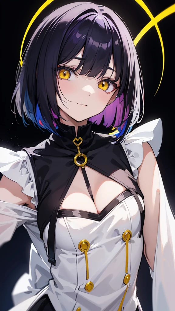 (best quality, masterpiece, ultra highres, ultra-detailed:1.2) ,1girl cosplaying as shinobu kochou from "Demon Slayer: Kimetsu no Yaiba",purple eyes, black hair, medium breasts, cowboy shot,at cosplay stage,shiny skin,
