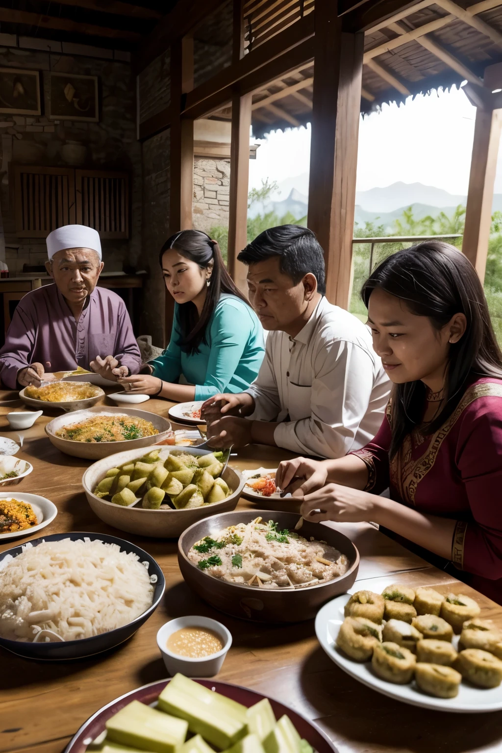 RAW, Ultra HD, High Quality, Masterpiece: 1.1), A Scene of Eid Celebration in a Village, Hyper Realistic, 3D, 1:1 Aspect Ratio,
A breathtaking Masterpiece: 1.1, capturing the essence of Eid in a traditional village setting,
Meticulously crafted, Ultra HD, High Quality Image,
Families gather around a neatly arranged village dining table,
Ketupat, the traditional rice cake, dots the table,
Fried liver and pickles, deliciously spread against the backdrop,
The old brick wall, a symbol of tradition