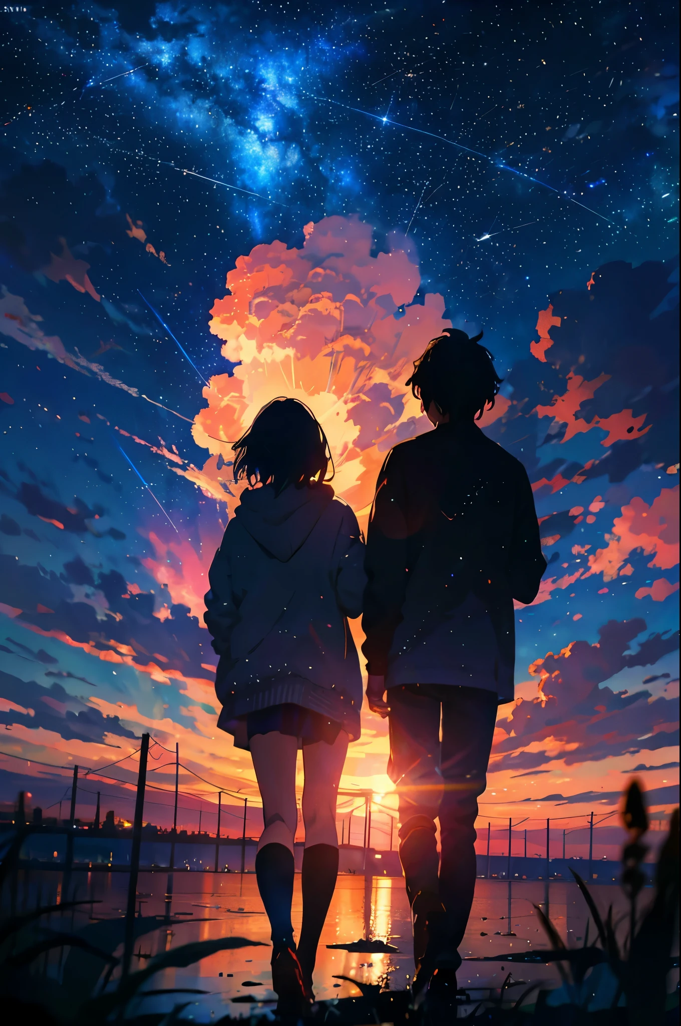 Two people standing on a beach looking at the sunset - SeaArt AI