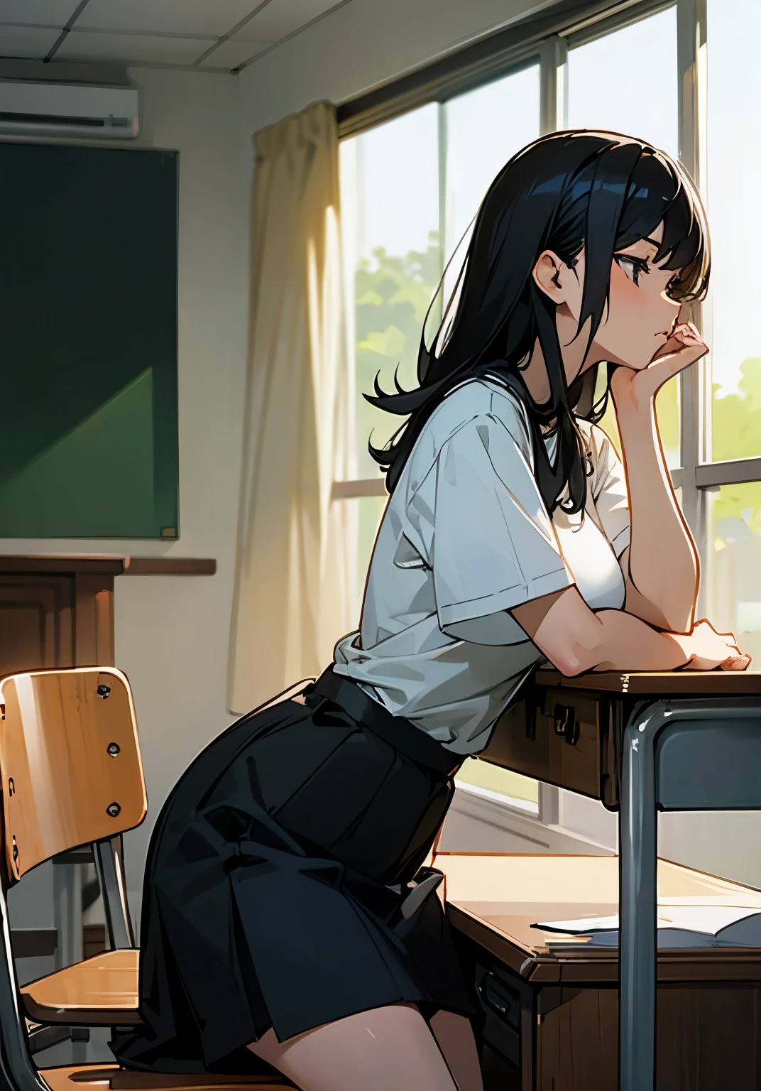 {best quality},lecture room、black hair short、woman、Large beautiful breasts、oversized t-shirt、skirt、sit in a chair 、Leaning your elbows on the desk、Pensive、looking away from the camera、Side view、cowboy shot