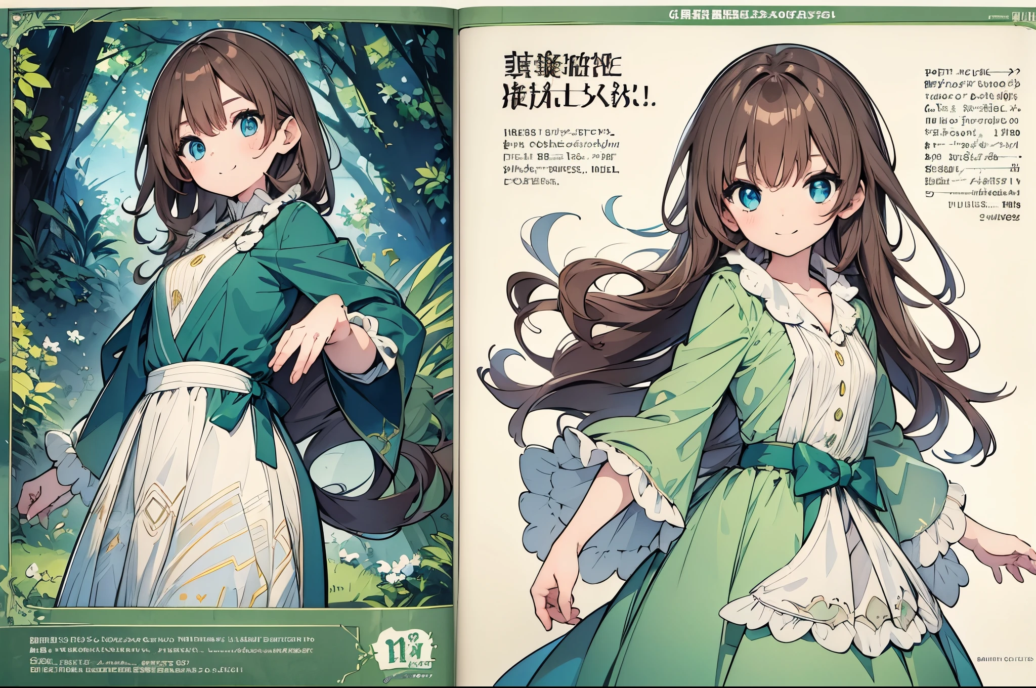 Manga panel layout: A girl with blue eyes, medium dark brown wavy hair, and a green dress. anime. smile.