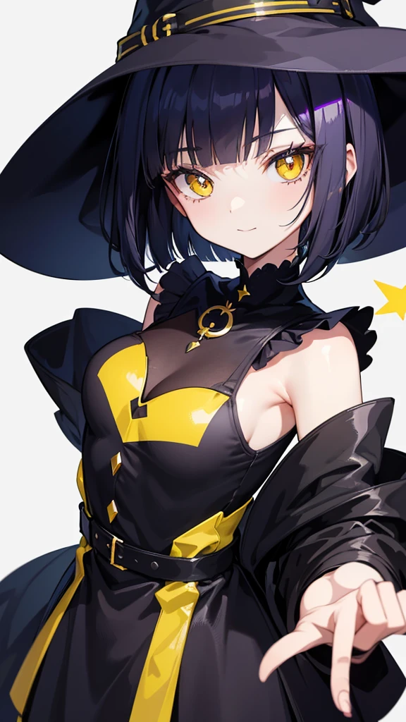 Witch's outfit, Anime-style portrait of a -ager girl with a deep violet bob cut, ((yellow eyes)), bright eyes, baby-faced, eye contact with the camera, subtle smile, minimalistic background to emphasize character, high contrast, clean lines, digital painting, vivid colors