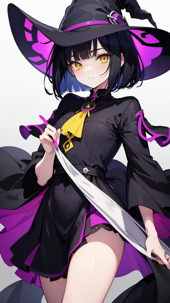 Witch's outfit, Anime-style portrait of a teen-ager girl with a deep violet bob cut, ((yellow eyes)), bright eyes, baby-faced, eye contact with the camera, subtle smile, minimalistic background to emphasize character, high contrast, clean lines, digital painting, vivid colors