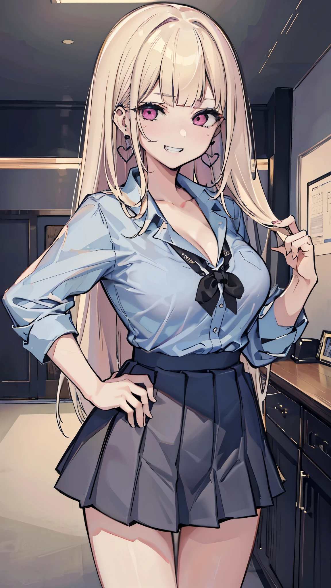 (8K、Highest image quality、highest quality、masterpiece)、detailed face、 1 girl、nakamura misaki (nanae), light blonde hair, blunt bangs, long hair, pink eyes, heart shaped earrings, mole under eye、evil smile、((grin))、big breasts、((Light blue collared shirt))、cleavage、((black pleated skirt))、((miniskirt))、cowboy shot、bedroom background
