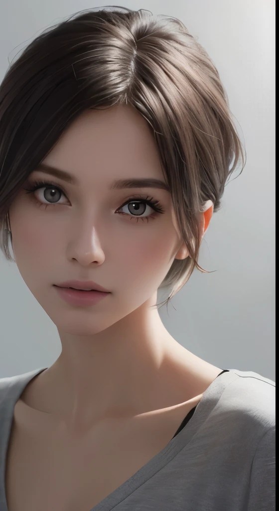 8k uhd、RAWphotograph、モデルphotograph撮影、Russian Race, European race, (masterpiece, highest quality, photorealistic, High resolution, photograph: 1.3), Close-up, Focusing, hot models, slim, 30 year old mature woman、small face、short cut hair、dark brown hair、Detailed beautiful eyes、realな肌, (perfect body), Sexy hot face, erotic, sexual gaze, slim, Sweat top, Detailed beautiful eyes、glossy lips、small breasts、、bust B cup、((bright light、dynamic lighting、real、超real、 realism、realistic details、Cool Beauty、cool pose、background gray、Plain gray background
