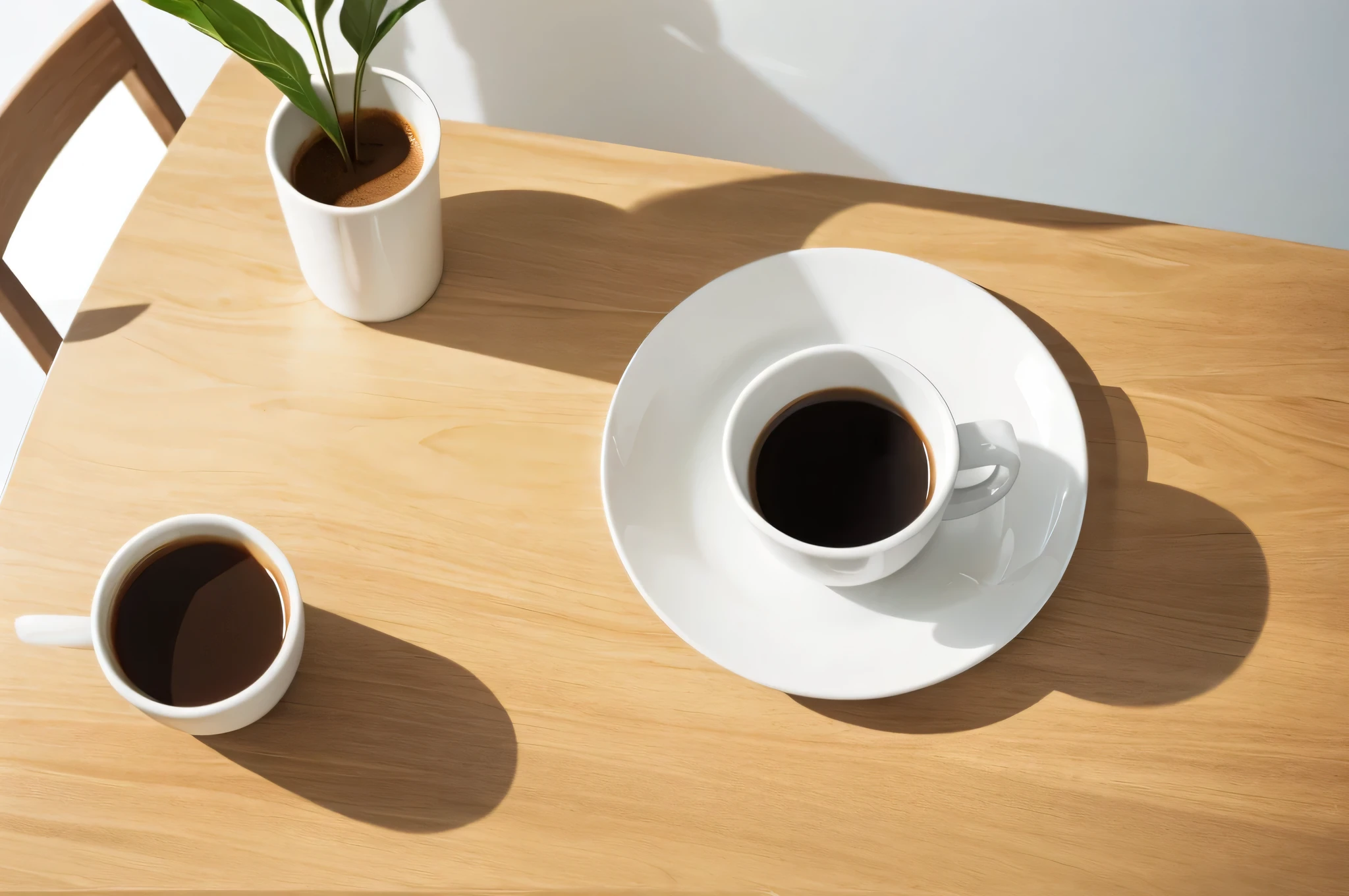 A cup of coffee on the table、A magazine、A flower,Clean and minimalist design,flat graphic style,visually clear,stacked image,vertical overhead shot