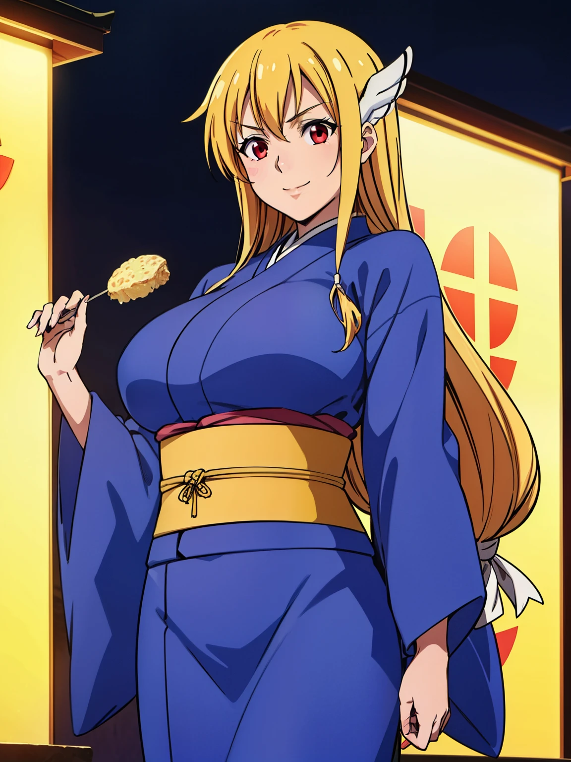 hand holding food, gold boots, blue kimono, night time, japanese lampion, crowded, (japanese carnaval background), astraea, anime cels style, best quality, high resolution, 1girl, (huge breasts:1.2), beautiful face, blonde hair, long hair, (red eyes:1.5), cowboy shot, smiling