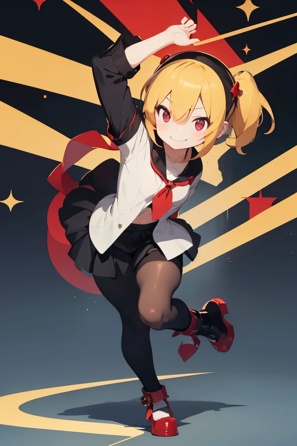 adorable, friendly smile, blond twin-tails long hair, orange shiny eyes, no crossed eyes, wears full-body red and white leotard, wear red and white sleeves on each arm, The background is the living room.