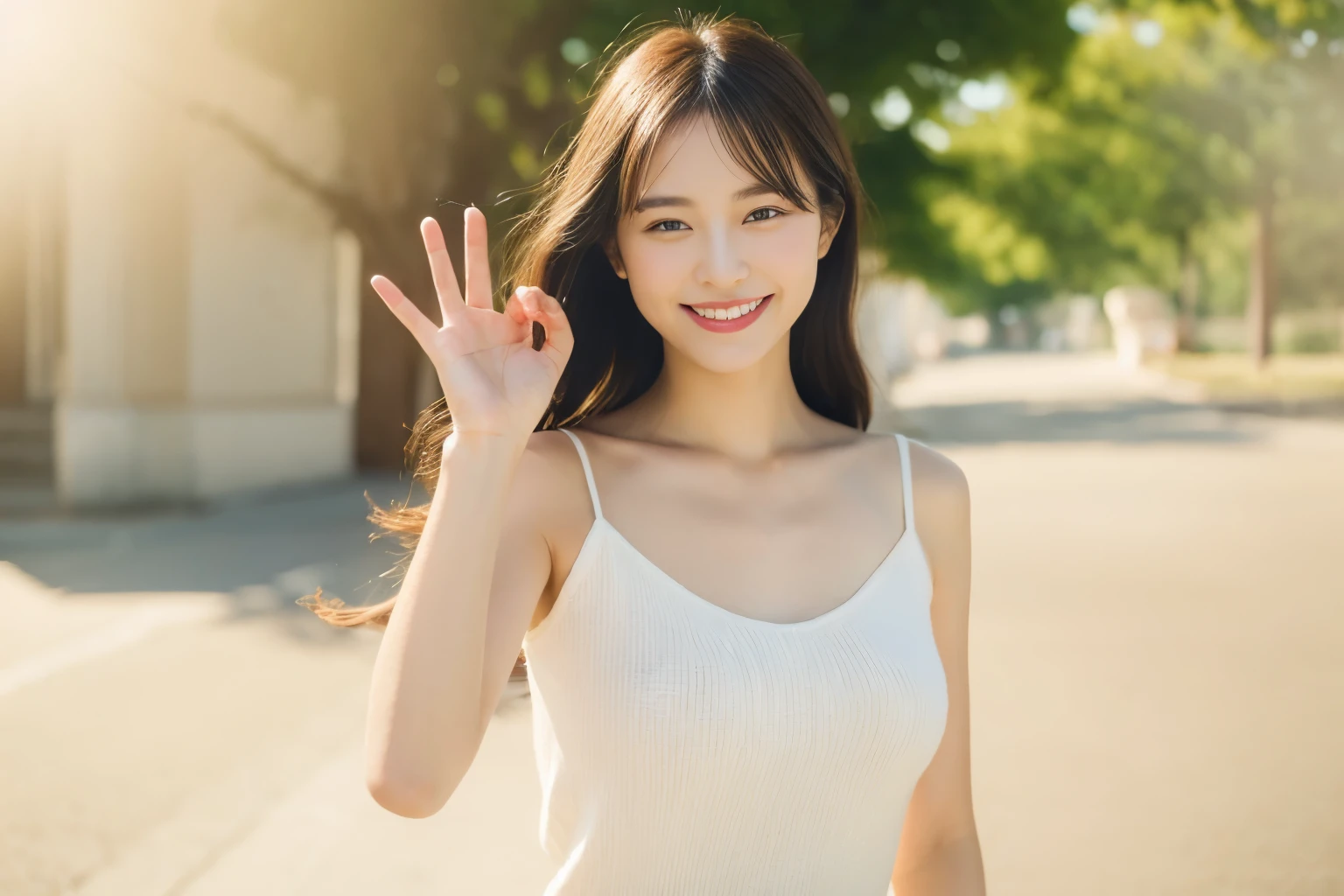 (highest quality, 8K, masterpiece: 1.3)), concentrated: 1.2, perfect body beauty: 1.8, ((best quality)), ((masterpiece)), (detailed), perfect face,real face、A woman with a bouncy smile、smile with visible teeth、ID photo、white camisole dress、Upper body、white background、studio、small breasts、No face tilt、Natural whitened skin, long hair、delicate fingers