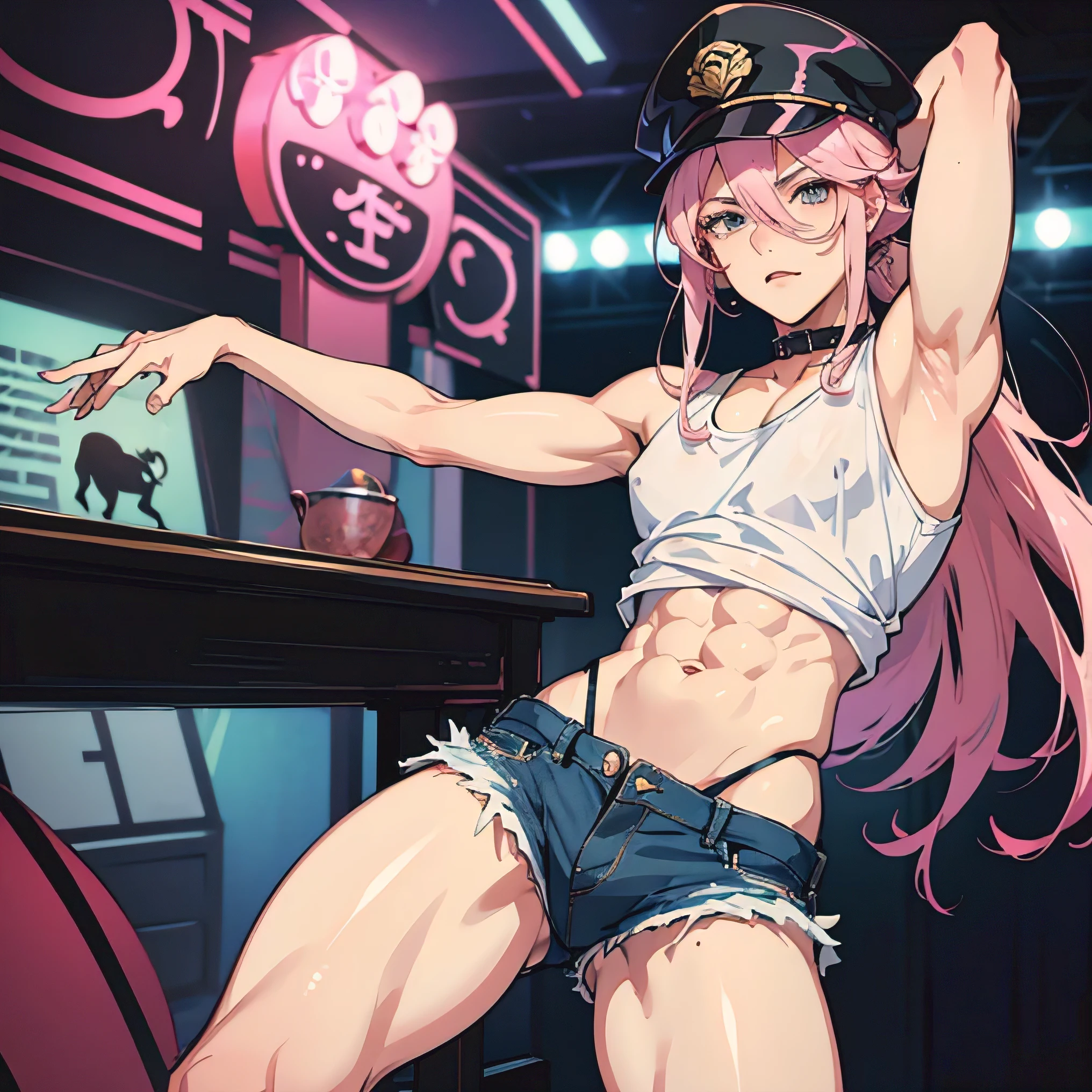 A beautiful man, pink hair, long hair, tall, Face in love, beautiful anime face, super high quality, masterpiece, 20 year old man, black police hat, white tank top, navel visible, sexy pose, nice body, ripped denim shorts, crotch emphasis, crotch touching, only one person in the room, hentai anime, see-through clothes, tempting gestures, femboy, Newhalf