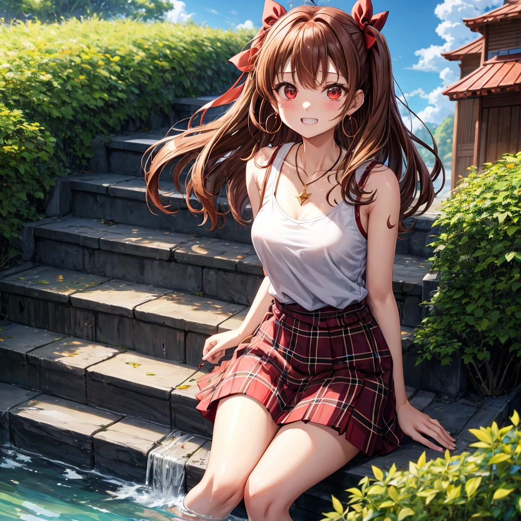 reddish-brown golden hair、red eyes、one good looking girl、solo、anime、plaid mini skirt、black camisole、black t-shirt、hoodie、wearing a ribbon、ribbon at waist、crystal earrings、jewelry necklace、Light and shadow、tilting one's face、teeth are visible、pillar、evil looking face、Kuroko、Diamond dust、grassland、Water running down the stairs、overflowing