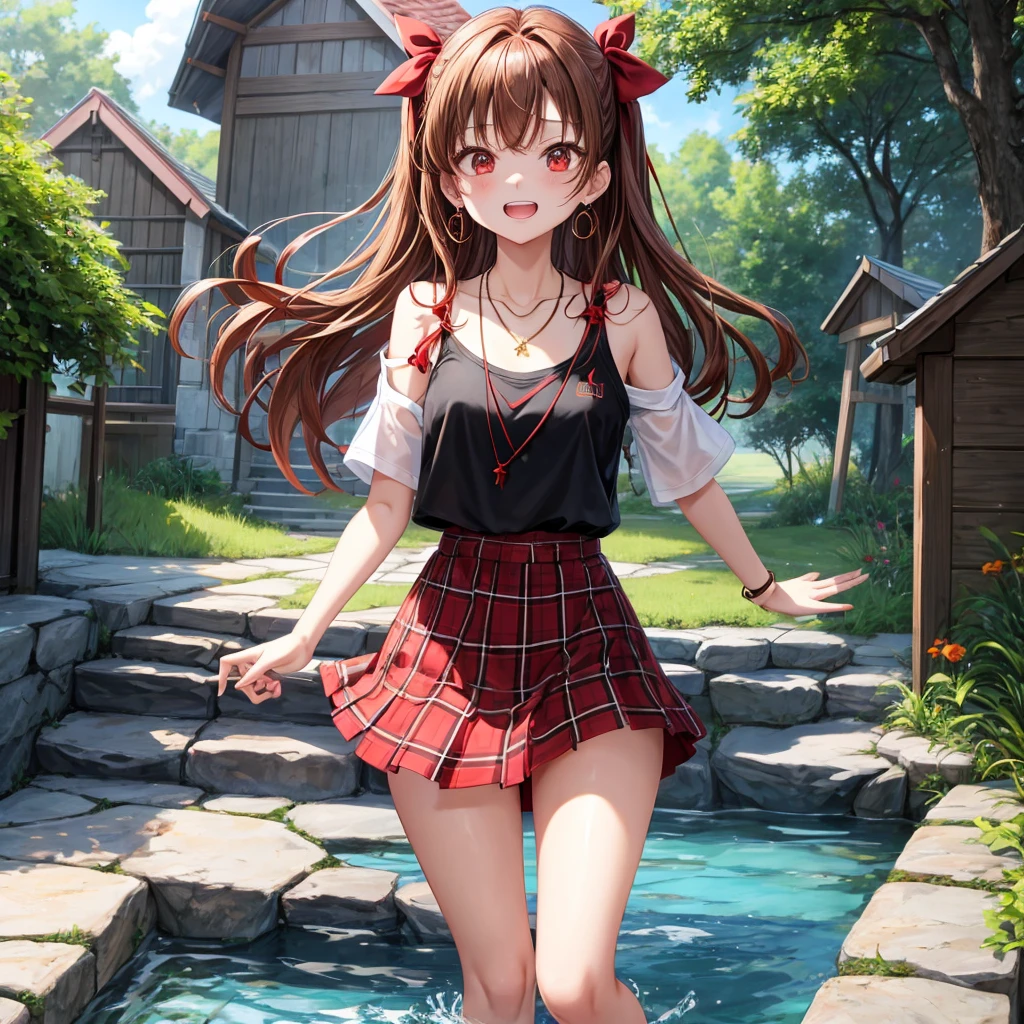 reddish-brown golden hair、red eyes、one good looking girl、solo、anime、plaid mini skirt、black camisole、black t-shirt、hoodie、wearing a ribbon、ribbon at waist、crystal earrings、jewelry necklace、Light and shadow、tilting one&#39;s face、teeth are visible、pillar、evil looking face、Kuroko、Diamond dust、grassland、Water running down the stairs、overflowing
