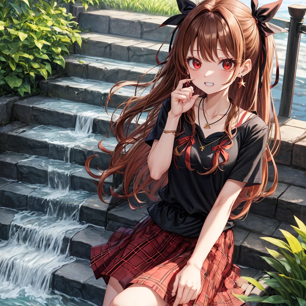 reddish-brown golden hair、red eyes、one good looking girl、solo、anime、plaid mini skirt、black camisole、black t-shirt、hoodie、wearing a ribbon、ribbon at waist、crystal earrings、jewelry necklace、Light and shadow、tilting one&#39;s face、teeth are visible、pillar、evil looking face、Kuroko、Diamond dust、grassland、Water running down the stairs、overflowing