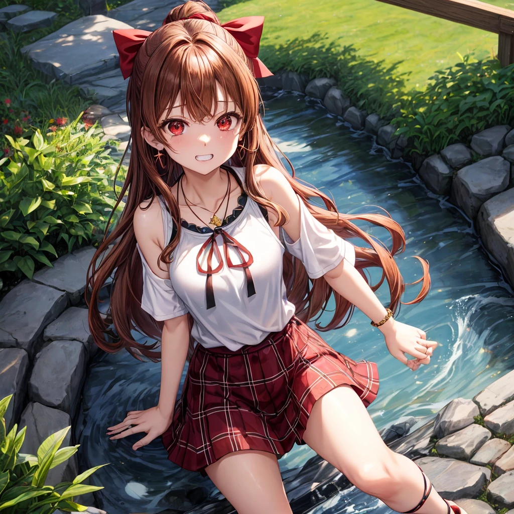 reddish-brown golden hair、red eyes、one good looking girl、solo、anime、plaid mini skirt、black camisole、black t-shirt、hoodie、wearing a ribbon、ribbon at waist、crystal earrings、jewelry necklace、Light and shadow、tilting one's face、teeth are visible、pillar、evil looking face、Kuroko、Diamond dust、grassland、Water running down the stairs、overflowing