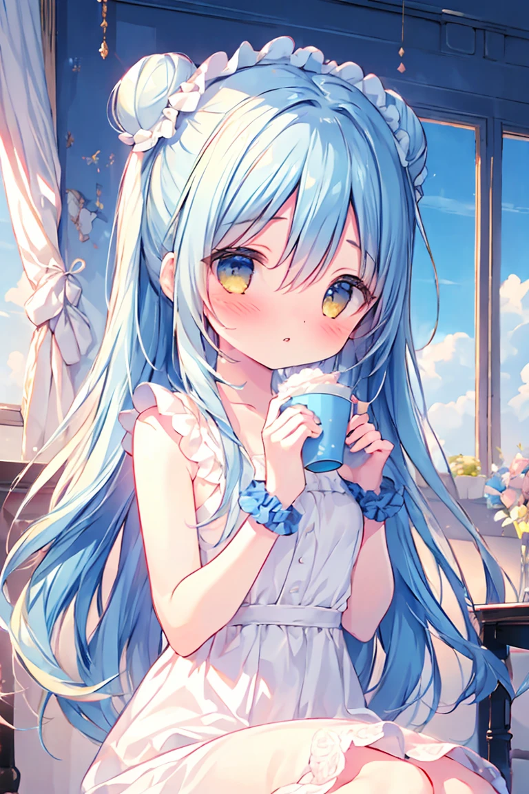 (ultra-intricate pupil in eyes, shiny eyes), long eyelashes, double eyelids, parted lips, kawaii, cute, , slender, (ultra delicate and beautiful skin), , perfect anatomy, dynamic angle, BREAK (masterpiece, best quality), (ultra-detailed 8K), (perfect design), absurdres, highres, ((blush)), (super fine illustration), ((light blue long hair))), 10 years old, long hair ((blush)), masterpiece, best quality, (amazing,blunt bangs), high resolution, cute face, masterpiece, best quality, extremely detailed, anime, beautiful girl, blue hair, wind, solo, depth of field, masterpiece, best quality, extremely detailed, (blue sky BACKGROUND: 1.3), SMALL BREASTS,masterpiece , best quality, 1girl, solo, single side bun, , long hair, white dress, dress, wrist scrunchie, hair bun, scrunchie, yellow eyes, looking at viewer, hair ornament, upper body, sitting, indoors, cafe