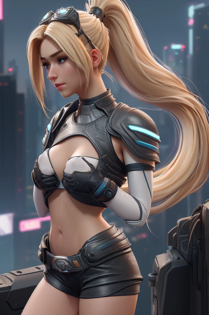 close up 1girl in, ager, Solo, long ponytail, straight blonde hair, super long blonde hair, some small freckles, pale skin, medium breasts, cleavage, runners body, (thin hips, thin waist: 1.25), (arched back:1.12), detailed skin, serious face, pouting, revealing clothes, (wearing cropped chest armor, leather short shorts, bracers, armored boots, hair clip: 1.1), looking at viewer, (groping chest: 1.22), (detailed cyberpunk city background:1.1), dark rooftop, overlooking hazy city, 4k textures, soft light, elegant, highly detailed, sharp focus, soothing tones, insane details, intricate details, hyperdetailed, low contrast, exposure blend, hdr, faded