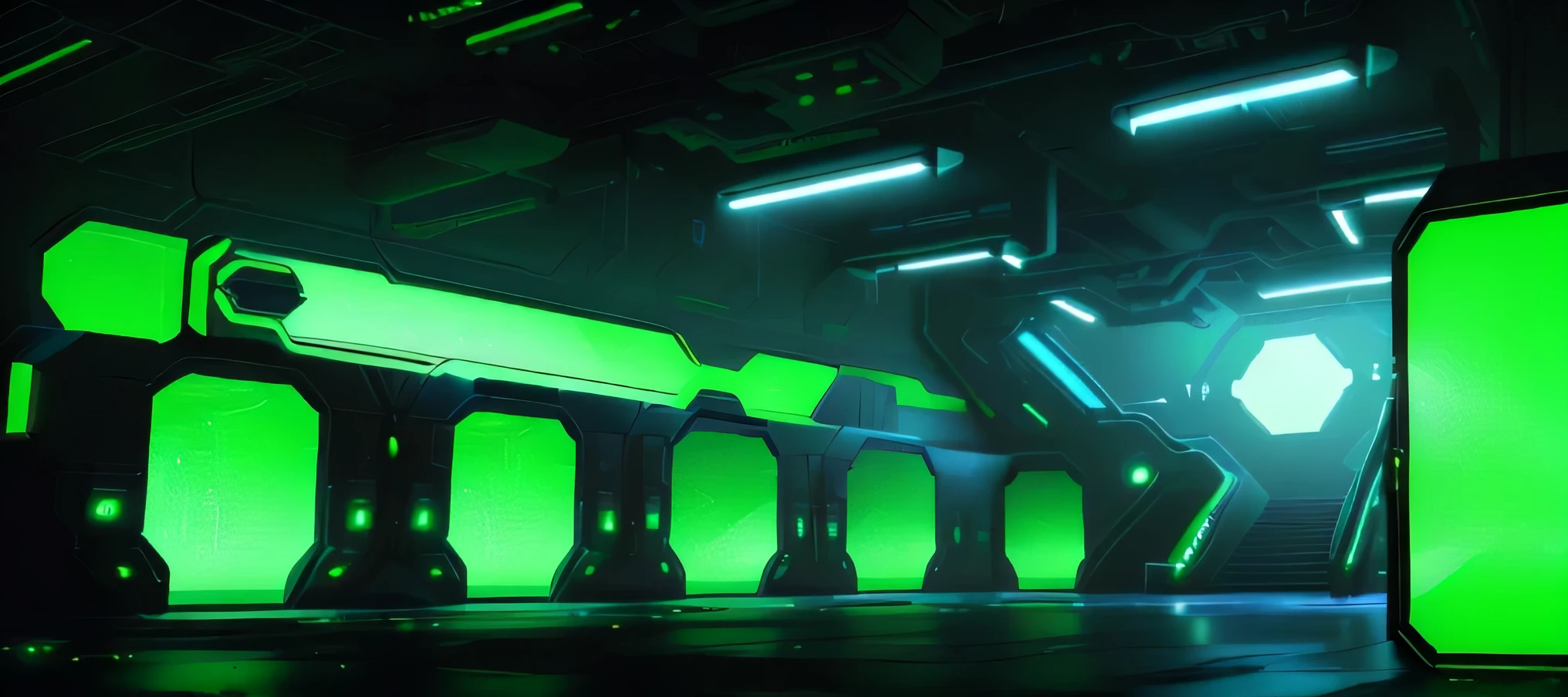 A green screen in a dark room with stairs, Spaceship corridor background, Detailed science fiction background, sci-fi environment, Dark hangar background, Rendering in nvidia’s omniverse, Inside a futuristic hangar, Background cyberpunk spaceship, Cinematic neon matte, Neon glow concept art, 8K high-detail concept art, spaceship hangar, science fiction background, sci-fi environment, alien room background,(best quality,4k,8k,highres,masterpiece:1.2), ultra-detailed, (realistic,photorealistic,photo-realistic:1.37), a room with stairs and a green light, dark garage background, glowing concept art, deserted sky concept art, neon light concept art, spaceship hangar, aperture scientific testing lab, green radioactive glow, futuristic cloning facility, FPS game concept art, ray tracing concept art, sci-fi digital painting, detailed sci-fi background,Biochemical laboratory,resident Evil,petri dish,Monster Machine,