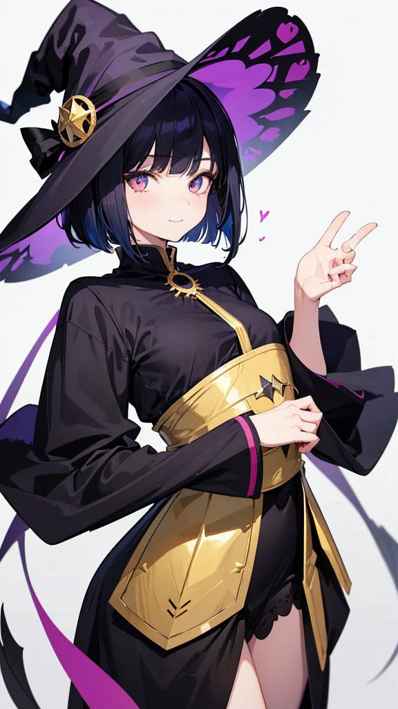 Witch's outfit, Anime-style portrait of a teen-ager girl with a deep violet bob cut, ((golden-eyed)), bright eyes, baby-faced, eye contact with the camera, subtle smile, minimalistic background to emphasize character, high contrast, clean lines, digital painting, vivid colors