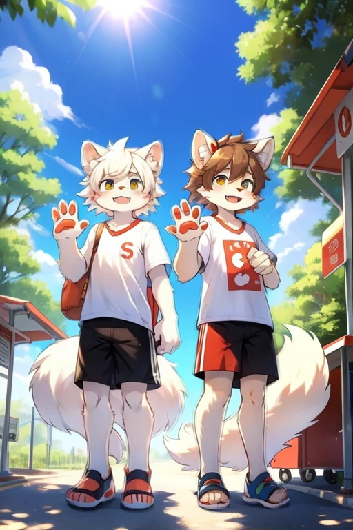 Masterpiece Panoramic front view Two white wolves White wolves in red and white agers boy and girl Slightly plump and in good shape The boy has brown hair The girl has white hair White triangle shorts Black sandals Standing at the edge of the forest Eating at the bus stop Two white wolves standing together Waving with their paws with pink pads Morning sun