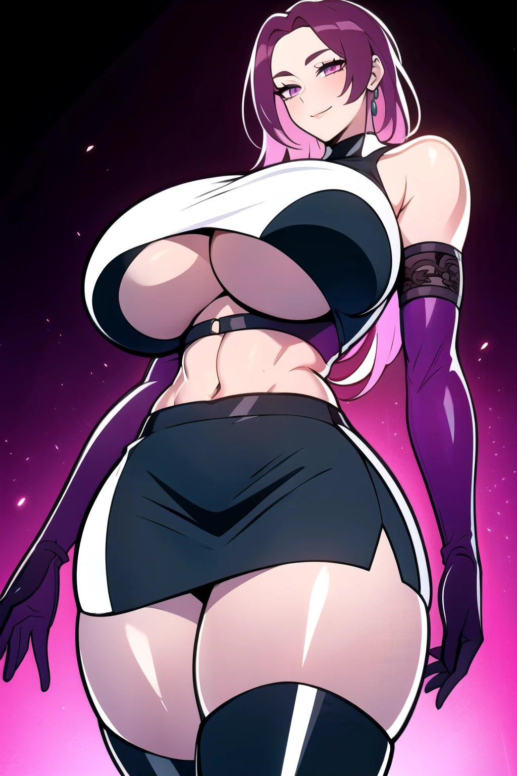 ultra realistic 8k cg, masterpiece, ((ultra detailed background, intricate detail, highly detailed, fine details best quality, hyperdetailed face)), gigantic breasts ,beautiful lighting, absurdres, BoaHancockV2, 1girl, solo, magenta hair, long hair, jewelry, closed mouth, ), ((black crop top : 1.1), (underboob : 1.4), elbow gloves, thigh boots, split skirt, bare shoulders, curvy, midriff, curvy, thighs, shiny clothes), magenta eyes, complex detailed background, inside, luxury palace), ((cowboy shot)), curvy, (gigantic breasts: 1.1), seductive smile, cowboy shot,