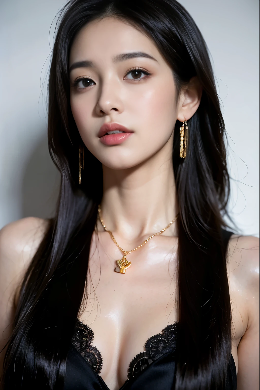 (masterpiece:1.3), (8 thousand, realistic, RAW photos, best quality: 1.4), (1 woman),(very sexy), (Beautiful makeover), (유난히 아름다운 realistic 얼굴), (Build a beautiful body) , (beautiful face), (beautiful face),  (long eyelashes),  (double eyelid), (realistic face), (black hair. parted, long hair:1.3), (아름다운 parted스타일), (realistic eyes), (really beautiful and delicate eyes), (realistic skin), (beautiful skin), (absurd), (attractive), (ultra high resolution), (extremely realistic), (very detailed), (golden ratio),   (necklace),  (earring), (So beautiful and sexy)