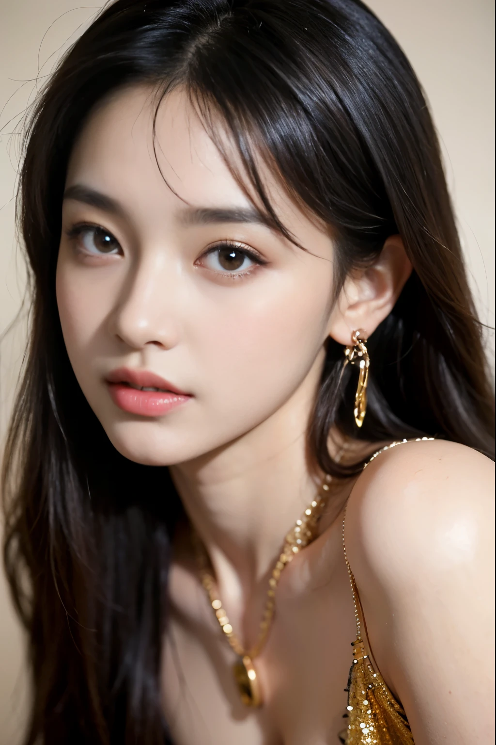 (masterpiece:1.3), (8 thousand, realistic, RAW photos, best quality: 1.4), (1 woman),(very sexy), (Beautiful makeover), (유난히 아름다운 realistic 얼굴), (Build a beautiful body) , (beautiful face), (beautiful face), (long eyelashes), (double eyelid), (realistic face), (black hair. parted, long hair:1.3), (아름다운 parted스타일), (realistic eyes), (really beautiful and delicate eyes), (realistic skin), (beautiful skin), (absurd), (attractive), (ultra high resolution), (extremely realistic), (very detailed), (golden ratio), (necklace), (earring), (So beautiful and sexy)