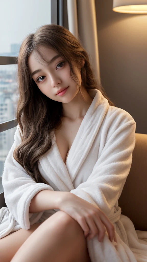 (You can see the city at night from the window)、Young girl relaxing on a hotel sofa、An atmosphere filled with love, Photos captured in ultra-detail、oil painting style image、She is very beautiful, highly detailed eyes, Luscious eyelashes, stare quietly into the distance, Reflects a calm and contented expression, very big breasts、very slim figure、perfectly formed lips, incredibly detailed, Gently curve into a small smile, (wearing a bathrobe)、(long thin legs)、Complex texture, Her long curly hair flows over her shoulders、Hair still wet、Light and shadow of a stand lamp、The scene is filled with faint things, Soothing music、