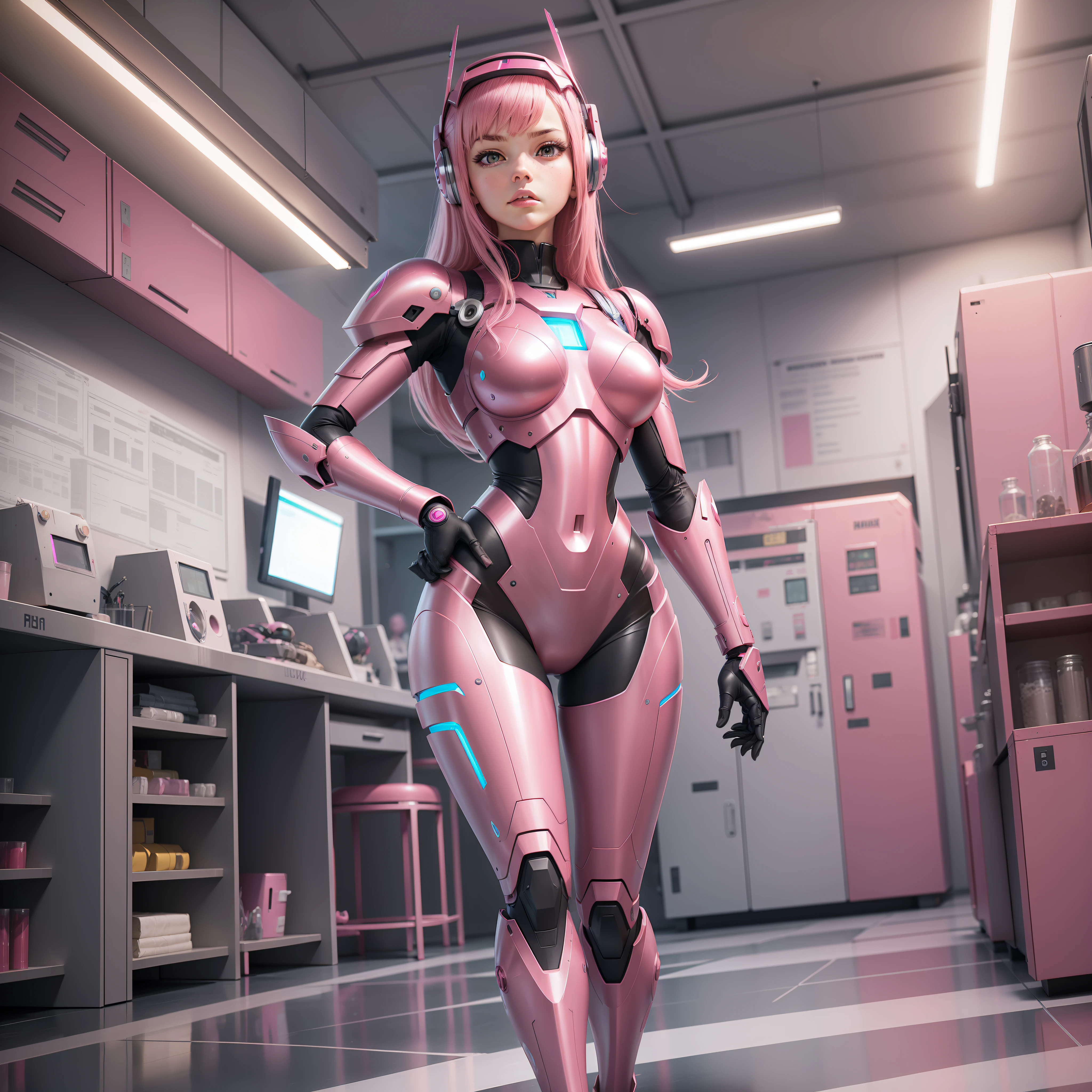 A pink robotic armor, pink robot, inside a lab, cabelo rosa, zero dois, mulher adulta, athletic body, mulher de ferro