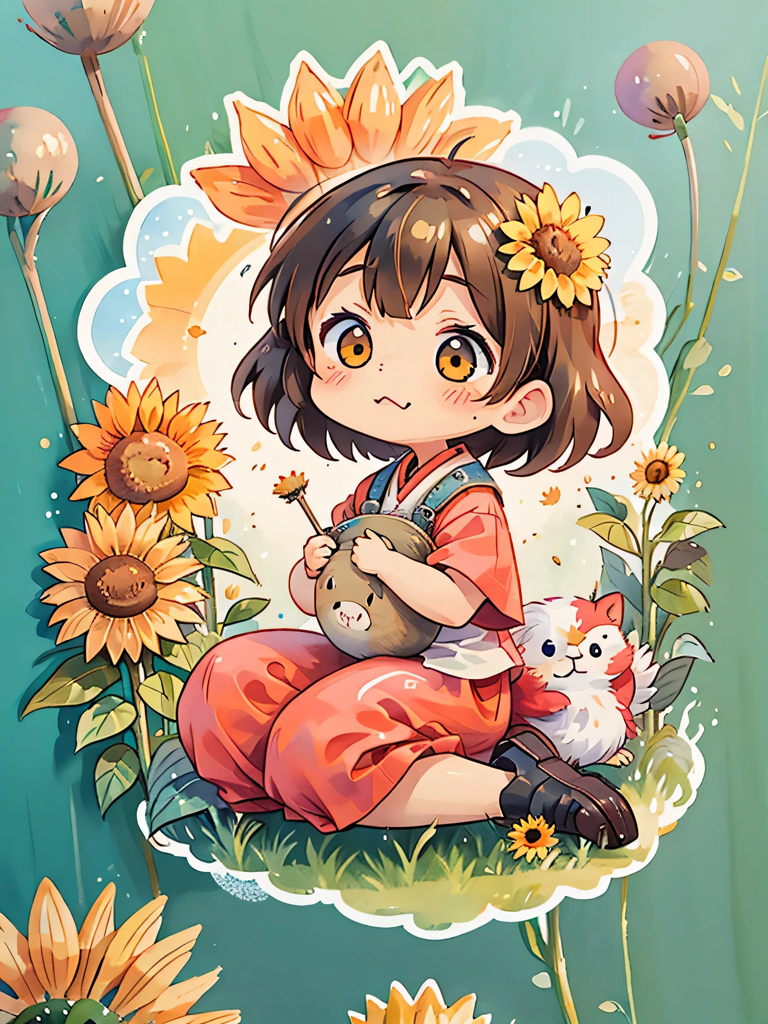 Machiko Satonaka style, Kawaii Design, most beautiful girl ever、Chibi, kind eyes、birdie、sunflower、sun