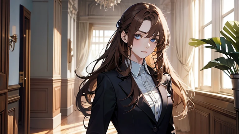 (confused, High resolution, Super detailed), 1 female, adult,beautiful, light blue eyes, brown hair, Straight long hair tied back, ,suit,secretary,adult woman,mid 20's,quiet,thin,pale,thin,Are thin,reception room,