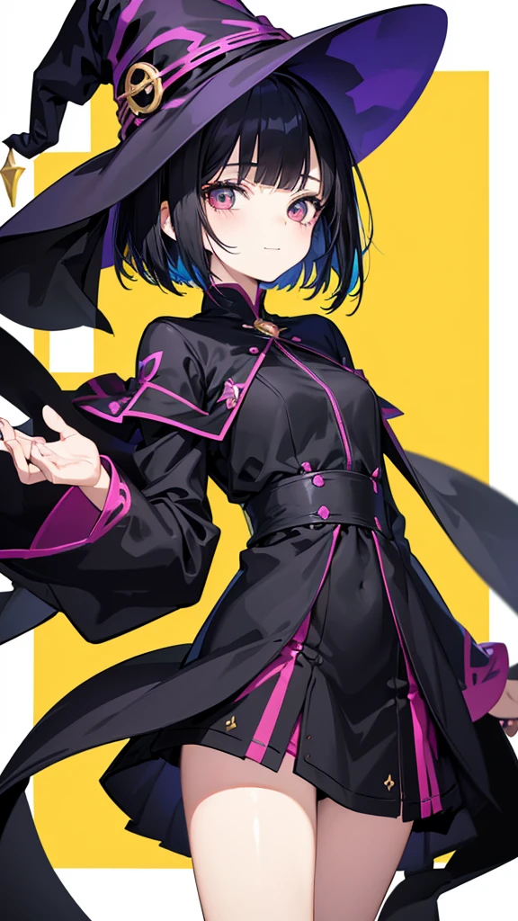 Witch's outfit, Anime-style portrait of a teen-ager girl with a deep violet bob cut, (golden-eyed), bright eyes, baby-faced, eye contact with the camera, subtle smile, minimalistic background to emphasize character, high contrast, clean lines, digital painting, vivid colors