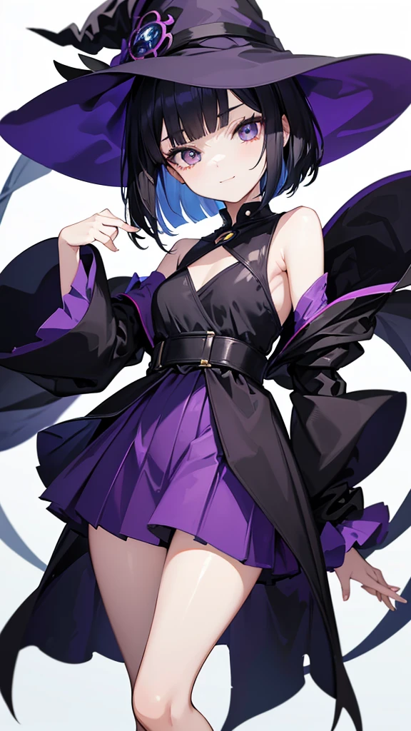 Witch's outfit, Anime-style portrait of a teen-ager girl with a deep violet bob cut, (golden-eyed), bright eyes, baby-faced, eye contact with the camera, subtle smile, minimalistic background to emphasize character, high contrast, clean lines, digital painting, vivid colors