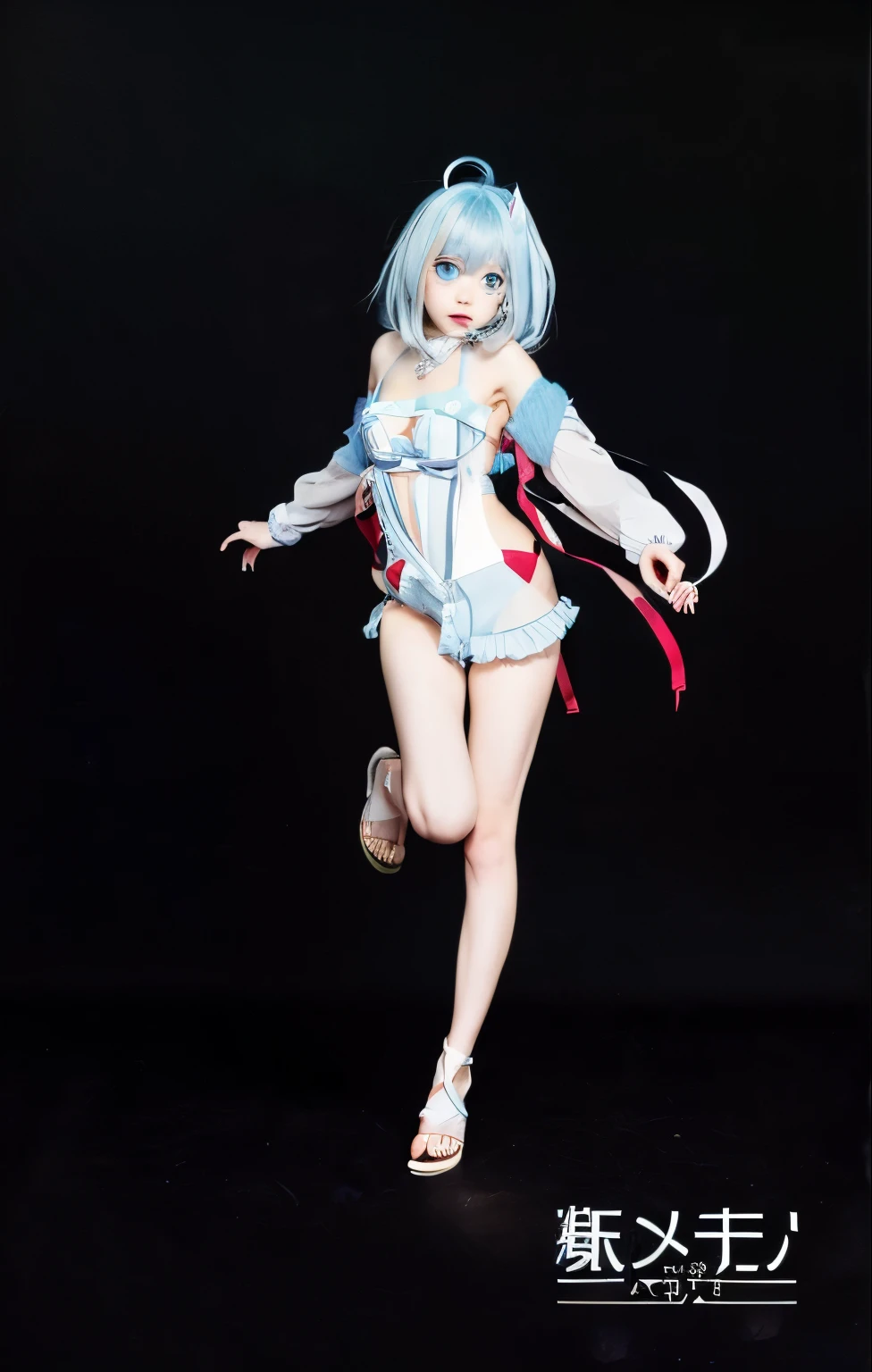 light blue hair、half undressed、Ahoge、sandalagenta Eyes