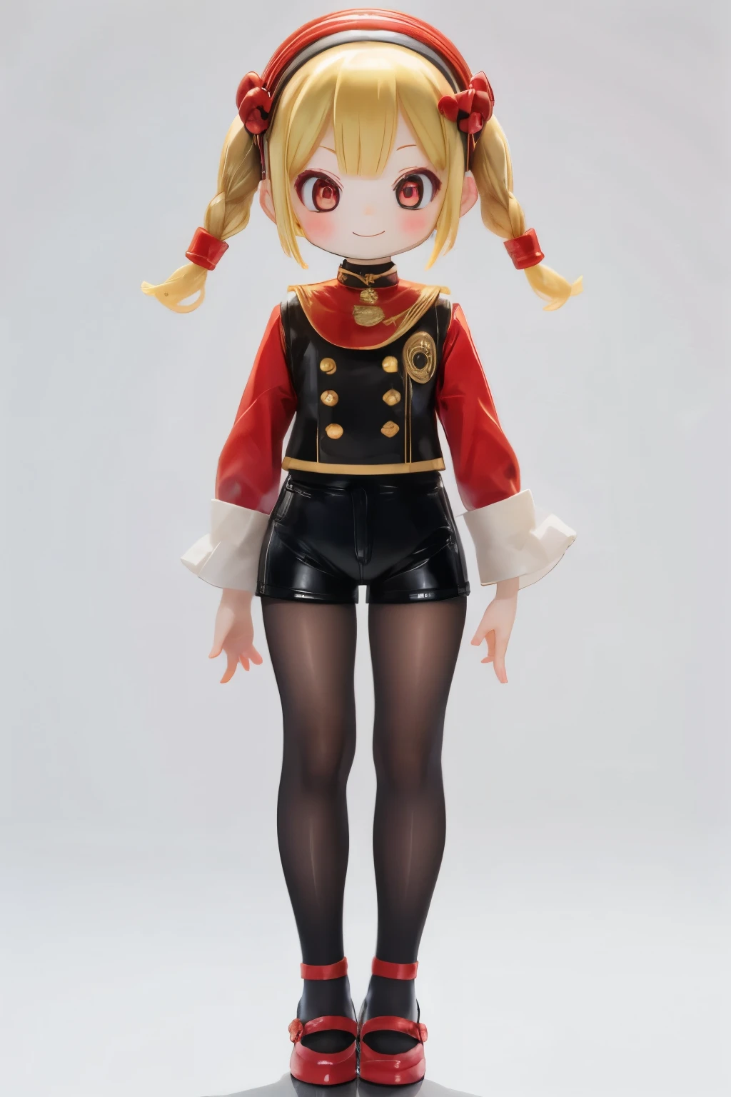 A girl with impressive blonde hair、hair ornaments、short bob、black pantyhose、No sleeve、hot pants、smile、Cute shoes with accessories、red hair band、dynamic pose