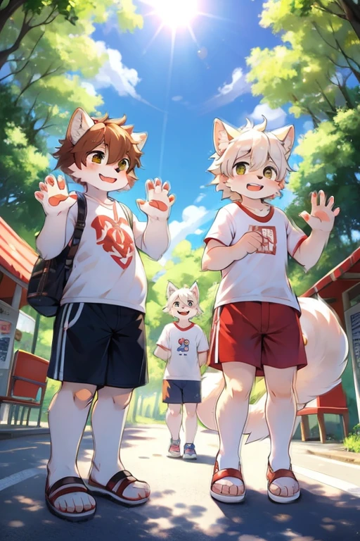Masterpiece Panoramic front view Two white wolves White wolves in red and white Teenagers boy and girl Fat with exposed bellies Boy has brown hair Girl has white hair White triangle shorts Black sandals Standing at the edge of the forest Eating at the bus stop Two fat white wolves standing together Waving with their paws with pink pads Morning sun