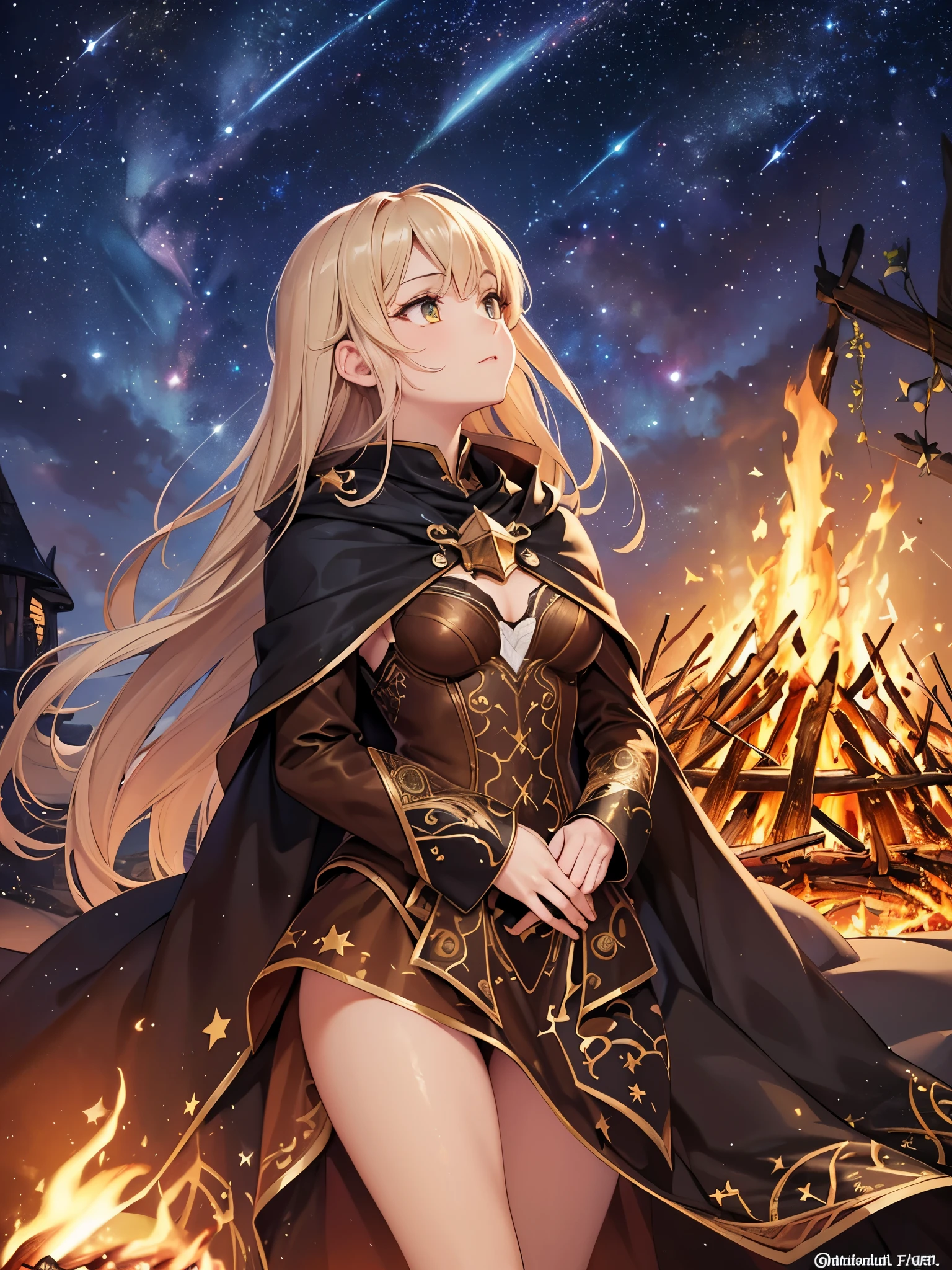 ((highest quality)),(ultra high resolution),(Super detailed),(detailed description),((best CG)),(best work of art),super precision art,amazing drawing art,(Fantasy art with intricate detail:1.5), (adult women:1.6),(beautiful and well-shaped face:1.4),(traveller:1.6),(Cloth clothing:1.5),(Quietly looking up at the stars in the night sky:1.6),cloak:1.6, (bonfire:1.8), (beautiful starry sky:1.6),(Guiding Star:1.3),shooting star