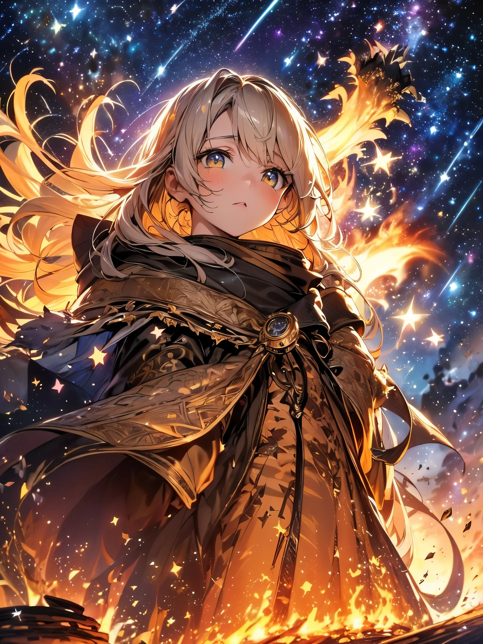 ((highest quality)),(ultra high resolution),(Super detailed),(detailed description),((best CG)),(best work of art),super precision art,amazing drawing art,(Fantasy art with intricate detail:1.5), (adult women:1.6),(beautiful and well-shaped face:1.4),(traveller:1.6),(Cloth clothing:1.5),(Quietly looking up at the stars in the night sky:1.6),cloak:1.6, (bonfire:1.8), (beautiful starry sky:1.6),(Guiding Star:1.3),shooting star