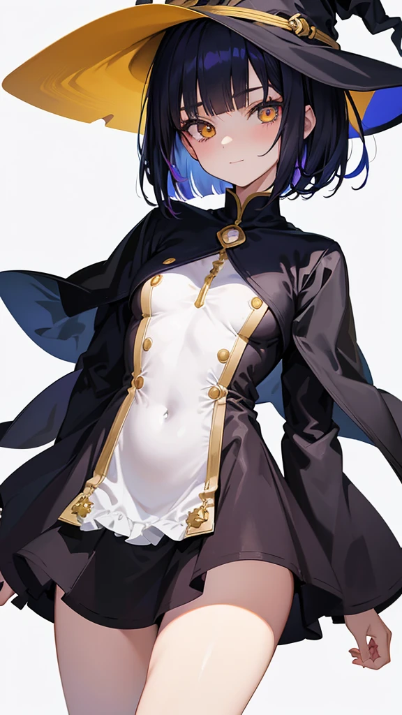 Witch's outfit, Anime-style portrait of a -ager girl with a deep violet bob cut, (Golden eyes), bright eyes, baby-faced, eye contact with the camera, subtle smile, minimalistic background to emphasize character, high contrast, clean lines, digital painting, vivid colors