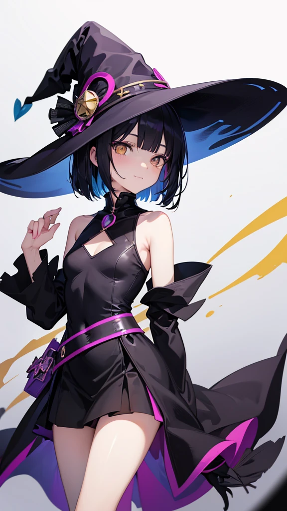 Witch's outfit, Anime-style portrait of a teen-ager girl with a deep violet bob cut, (Golden eyes), bright eyes, baby-faced, eye contact with the camera, subtle smile, minimalistic background to emphasize character, high contrast, clean lines, digital painting, vivid colors