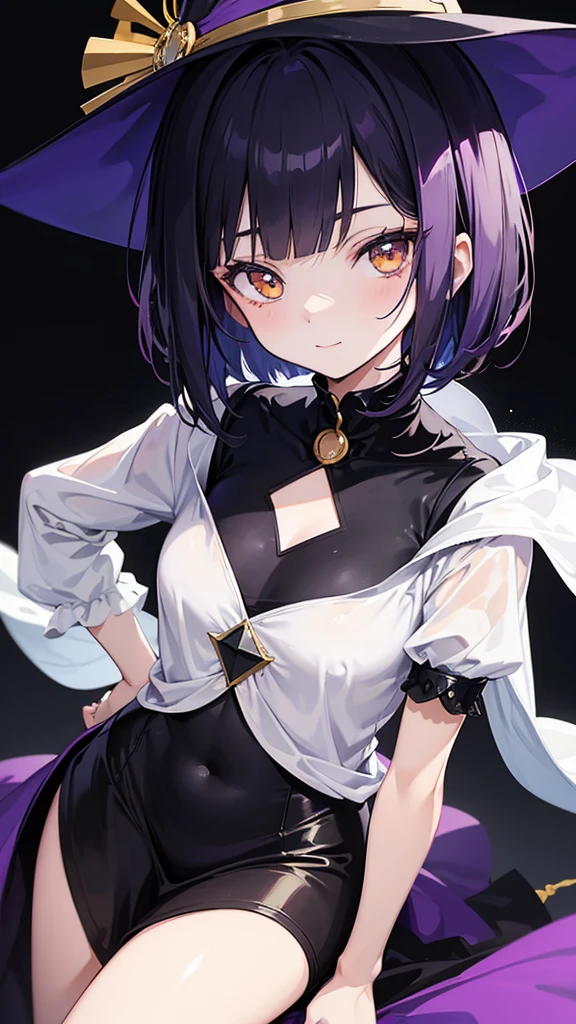 Witch's outfit, Anime-style portrait of a teen-ager girl with a deep violet bob cut, (Golden eyes), bright eyes, detailed eyes, baby-faced, eye contact with the camera, subtle smile, minimalistic background to emphasize character, high contrast, clean lines, digital painting, vivid colors