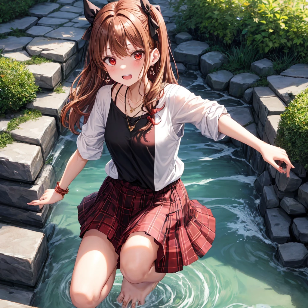 reddish-brown golden hair、red eyes、one good looking girl、solo、anime、plaid mini skirt、black camisole、black t-shirt、hoodie、wearing a ribbon、ribbon at waist、crystal earrings、jewelry necklace、Light and shadow、tilting one's face、teeth are visible、pillar、evil looking face、Kuroko、Diamond dust、grassland、Water running down the stairs、overflowing、Ants are walking